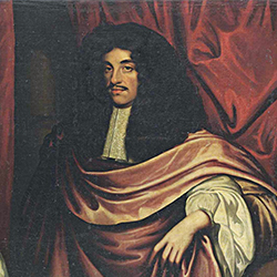 a painting of King Charles II draped in cloth in front of a red curtain