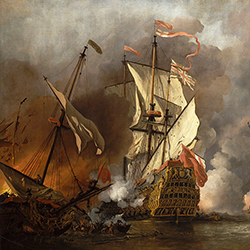 a painting of a 1700s navel boat in the midst of a battle 