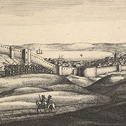 a drawing of two army men on houses with the walls of English Tangier in the background