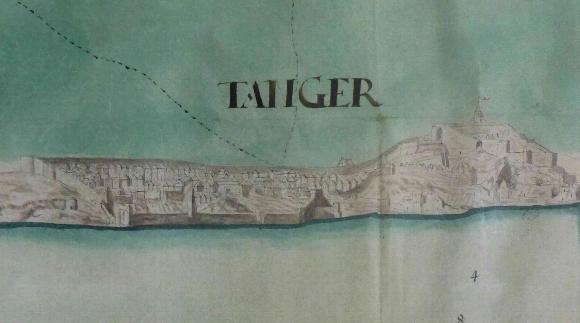 a drawing on parchment of Tangier from the point of view of someone on the sea